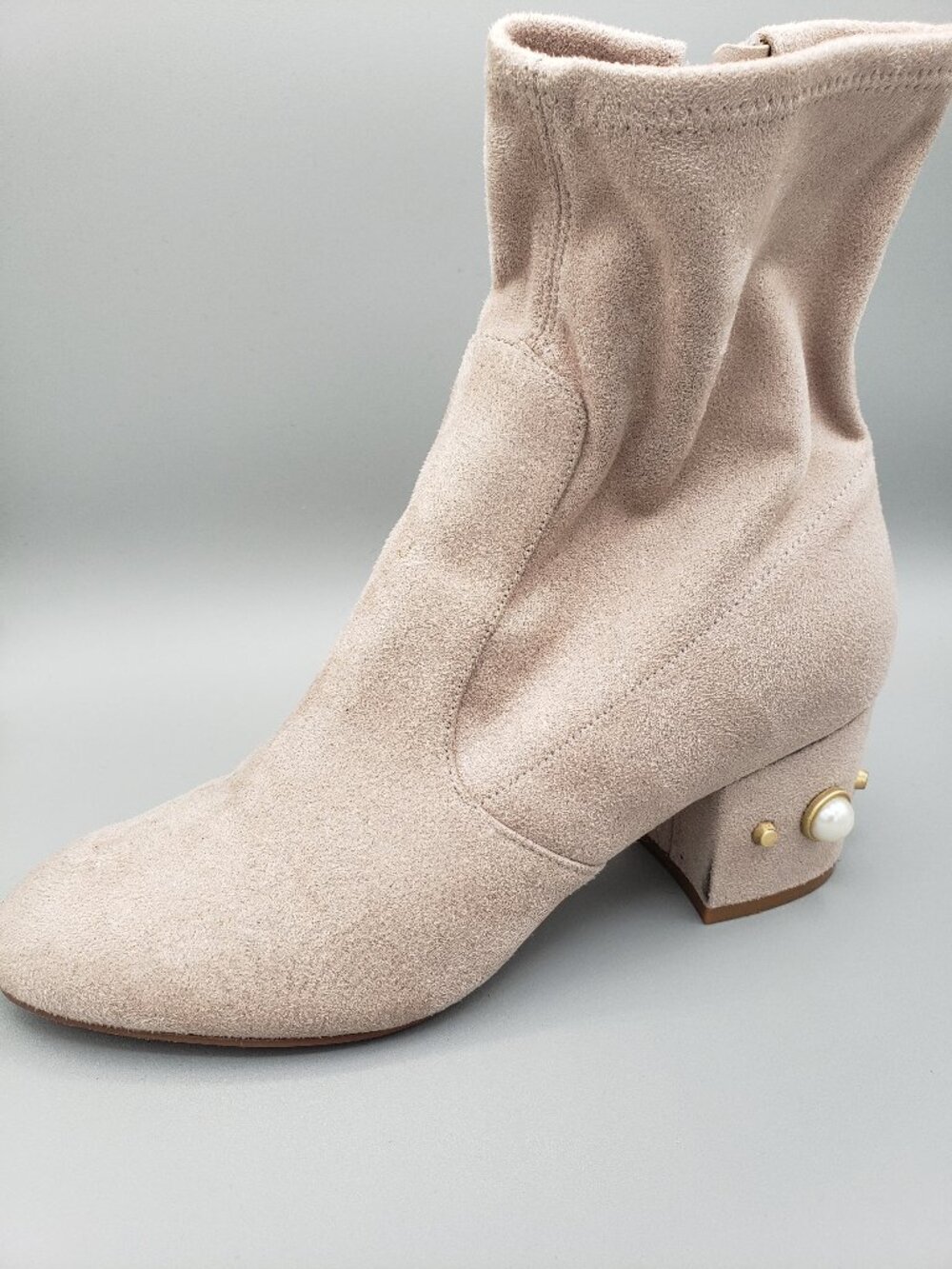 Ivanka Trump PREVI Suede Boots Tan/Light Beige Pearl Embellished Zip 5.5M